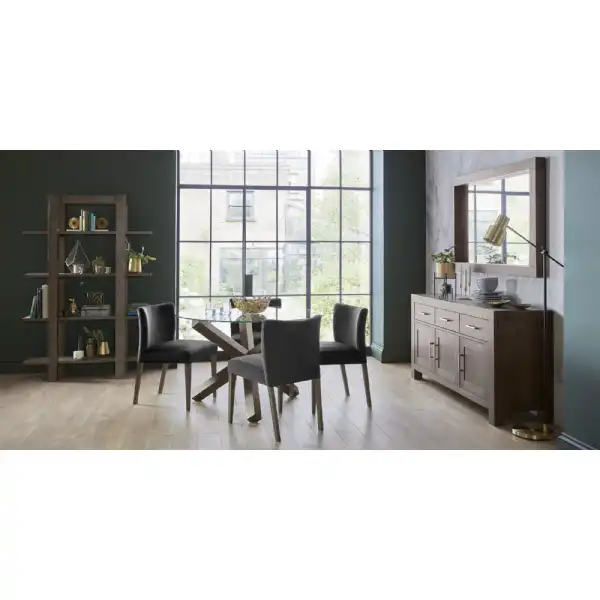Oak Glass Top Round Dining Table Set 4 Grey Velvet Chairs