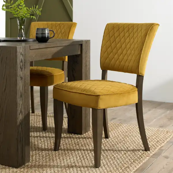 Dark Oak Mustard Yellow Velvet Fabric Curved Dining Chair