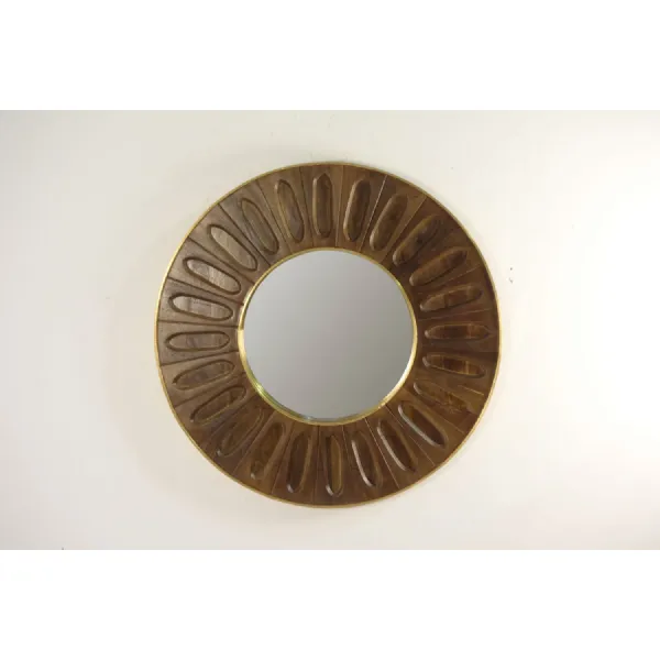 Bronze Wooden Carved Oval Tile Design Round Mirror with Brass Edge