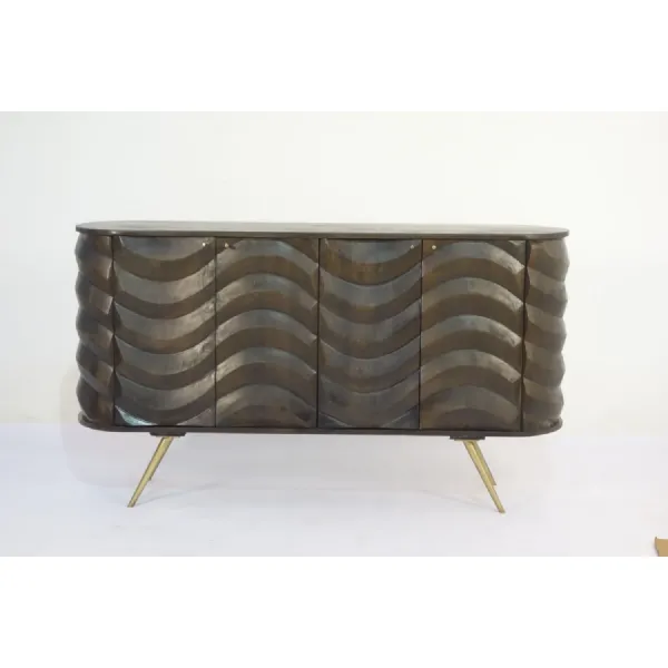 Dark Mango Wood 4 Door Wave Carved Sideboard with Brass Legs