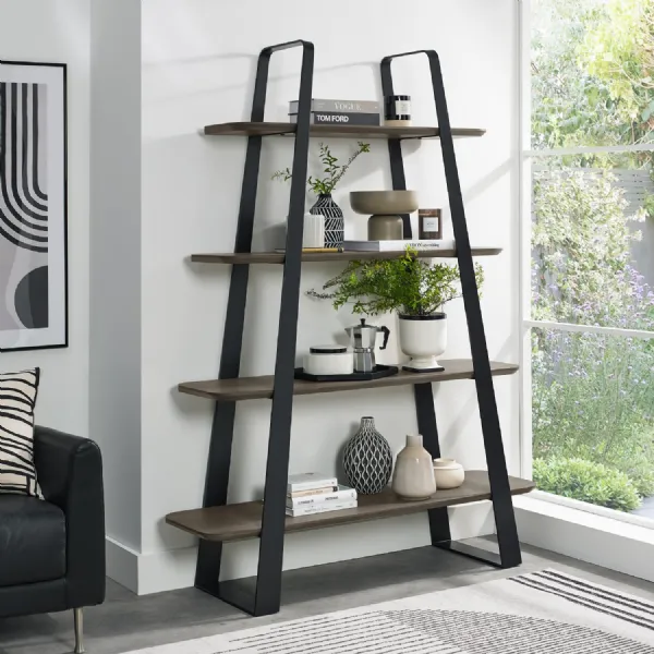 Weathered Oak and Black Metal Open Shelving Display Unit
