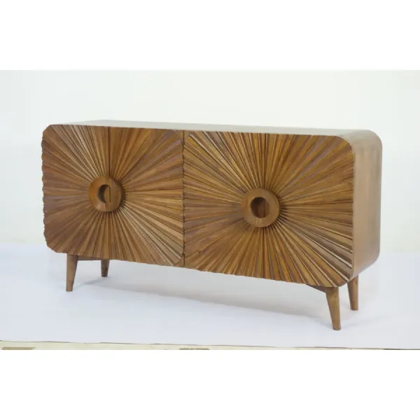 Retro Mango Wood 4 Door Sunburst Carved Sideboard with Tapered Legs