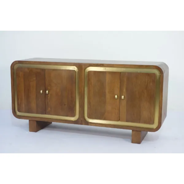 Modern Mango Wood 4 Door Sideboard with Brass Trim and Raised Block Base