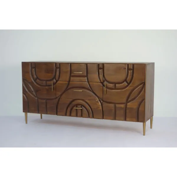 Modern Mango Wood 2 Door 3 Drawer Carved Sideboard with Tapered Legs