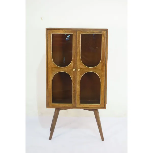 Traditional Mango Wood Arched Panel 2 Door Glass Display Storage Cabinet