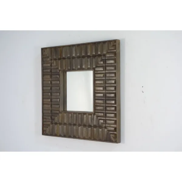 Bronze Mango Wood Square Wall Mirror with Carved Tile Detailing