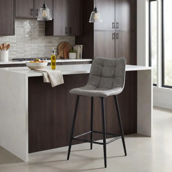 Grey Leather Effect Fabric Bar Stool Black Metal Frame