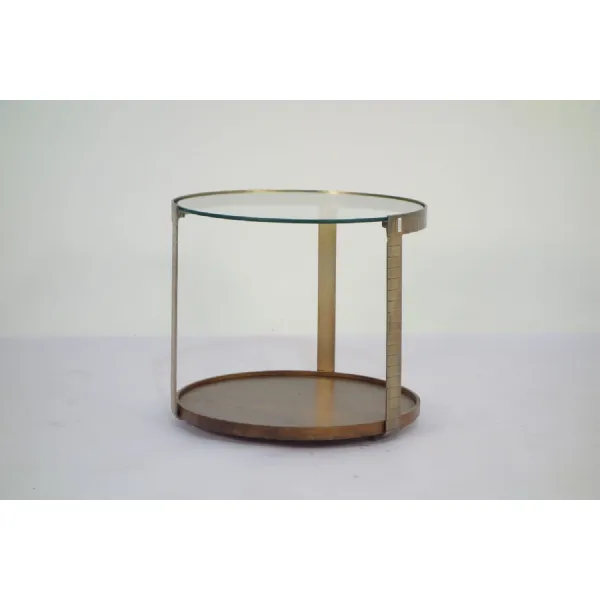 Bronze Metal Glass Top Round Side Table with Wooden Tray Base