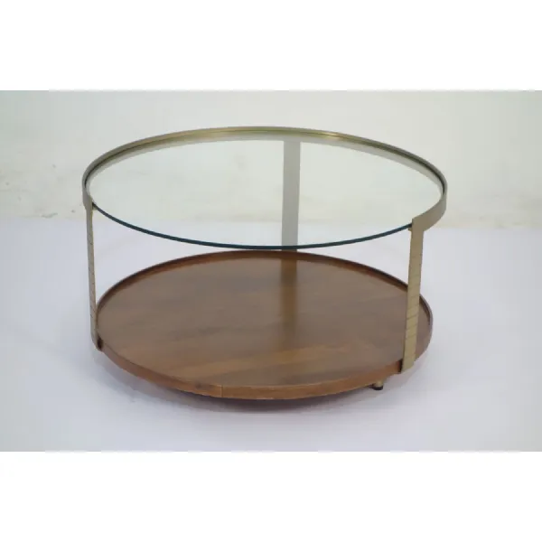 Industrial Metal Round Glass Top Coffee Table with Wooden Tray Base