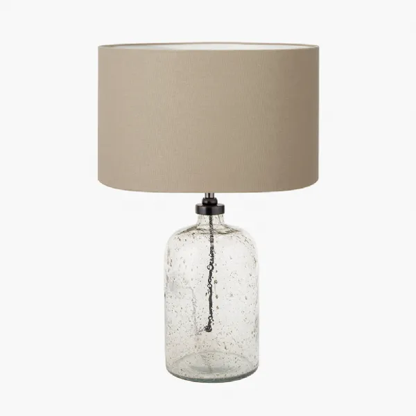 Ophelia Small Grey Bubble Glass Table Lamp Base with Henry 30cm Taupe Handloom Cylinder Lampshade