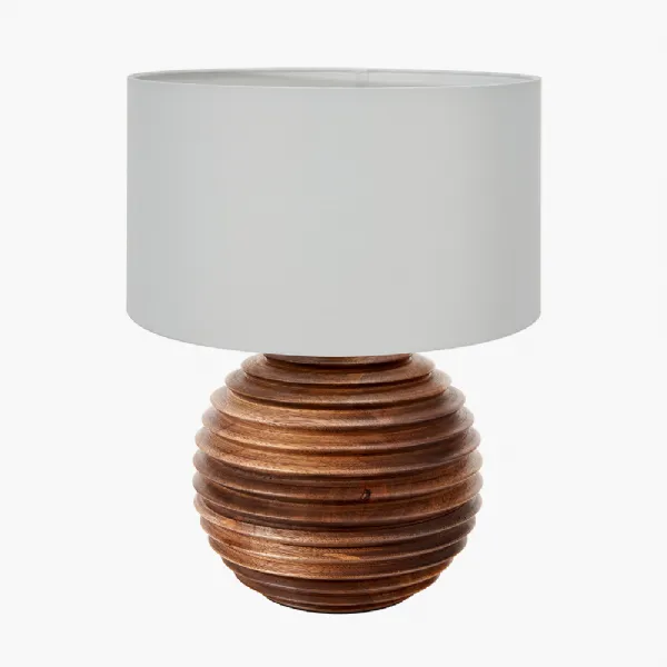 Pembury Brown Wash Turned Wood Table Lamp Base with Harry 30cm Ivory Cotton Mix Cylinder Lampshade