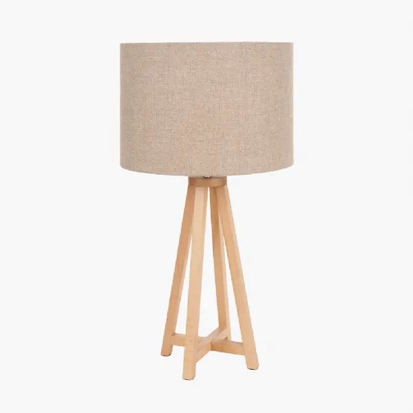 Whitby Natural Wood Tapered 4 Post Table Lamp Base with Edward 35cm Natural Linen Cylinder Lampshade