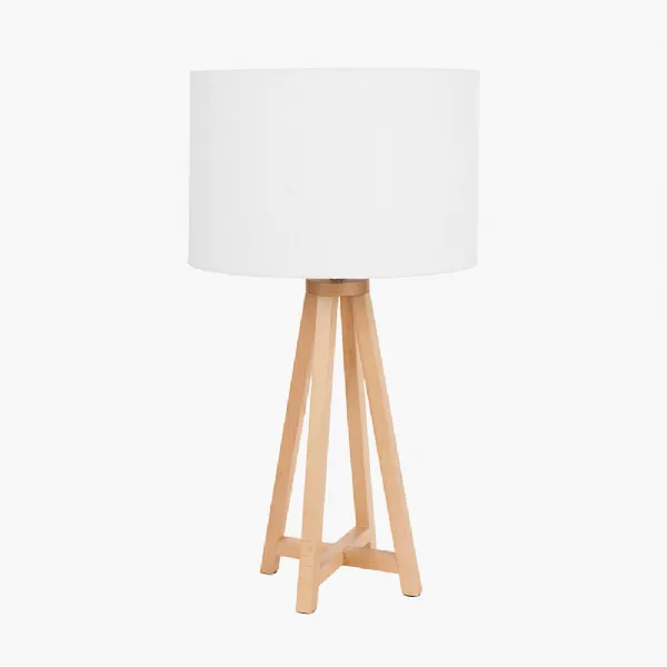 Whitby Natural Wood Tapered 4 Post Table Lamp Base with Lino 35cm White Self Lined Linen Cylinder Lampshade