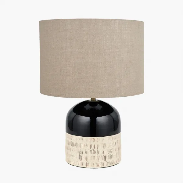 Lotta Black and Natural Stoneware Table Lamp Base with Edward 35cm Natural Linen Cylinder Lampshade