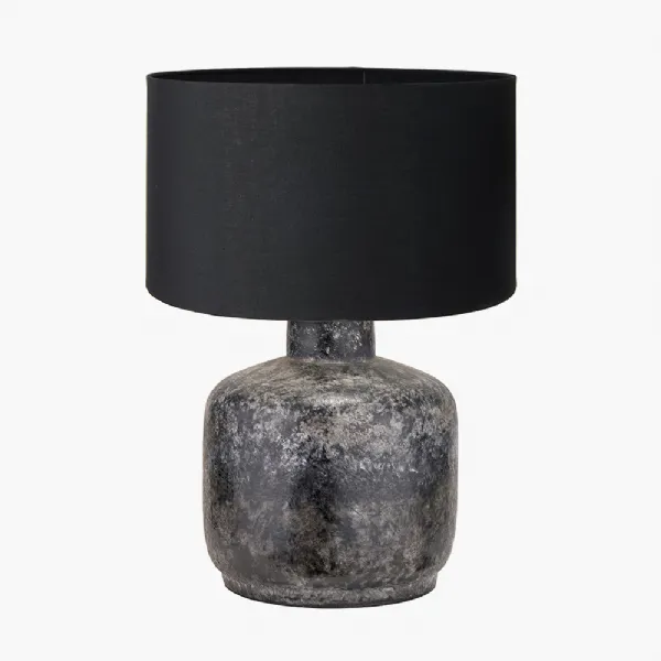 Vulcan Textured Volcanic Effect Grey Small Stoneware Table Lamp Base with Harry 30cm Black Cotton Mix Cylinder Lampshade