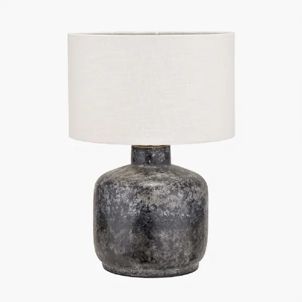 Vulcan Textured Volcanic Effect Grey Small Stoneware Table Lamp Base with Lino 25cm White Self Lined Linen Cylinder Lampshade