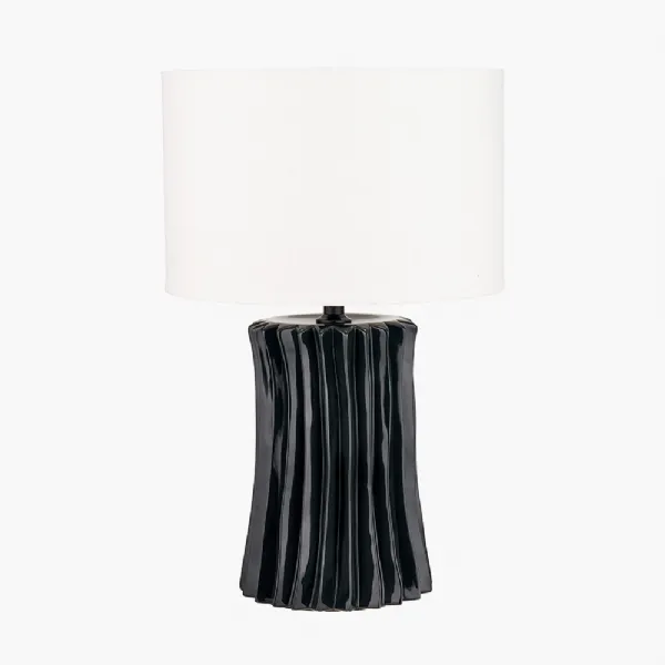 Devony Black Pleated Ceramic Table Lamp Base with Lino 35cm White Self Lined Linen Cylinder Lampshade