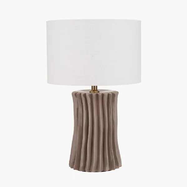 Devony Taupe Pleated Ceramic Table Lamp Base with Lino 35cm White Self Lined Linen Cylinder Lampshade