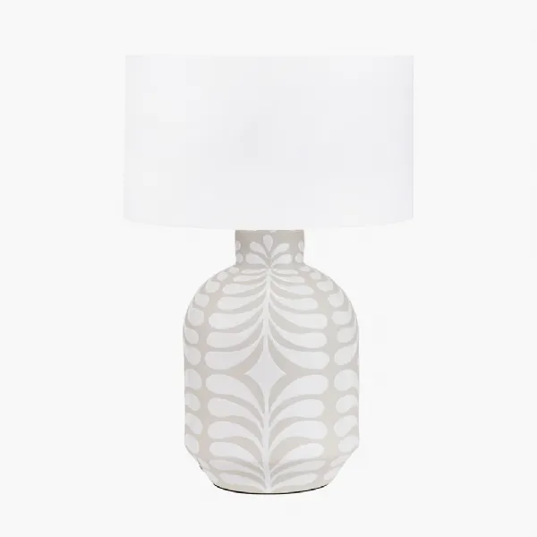 Tania Grey and White Pattern Ceramic Table Lamp Base with Lino 35cm White Self Lined Linen Cylinder Lampshade