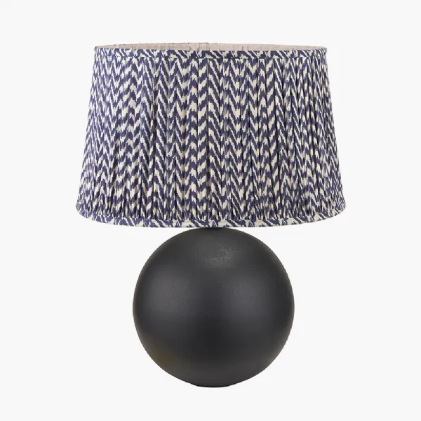 Benio Matt Black Metal Spherical Table Lamp Base with Vienna 35cm Blue Chevron Mushroom Pleat Lampshade
