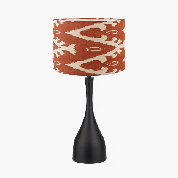 Llora Matt Black Metal Curved Table Lamp Base with Lars 35cm Cinnamon Ikat Patterned Cylinder Lampshade