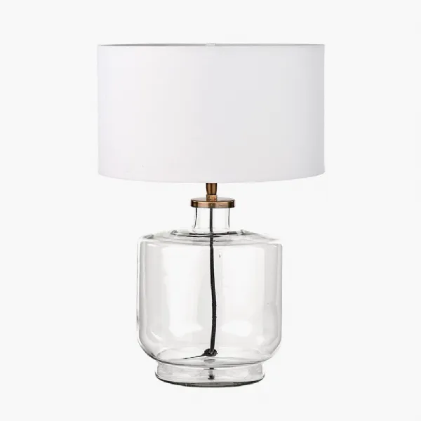 Josie Clear Glass and Antique Brass Metal Table Lamp Base with Harry 30cm Ivory Cotton Mix Cylinder Lampshade
