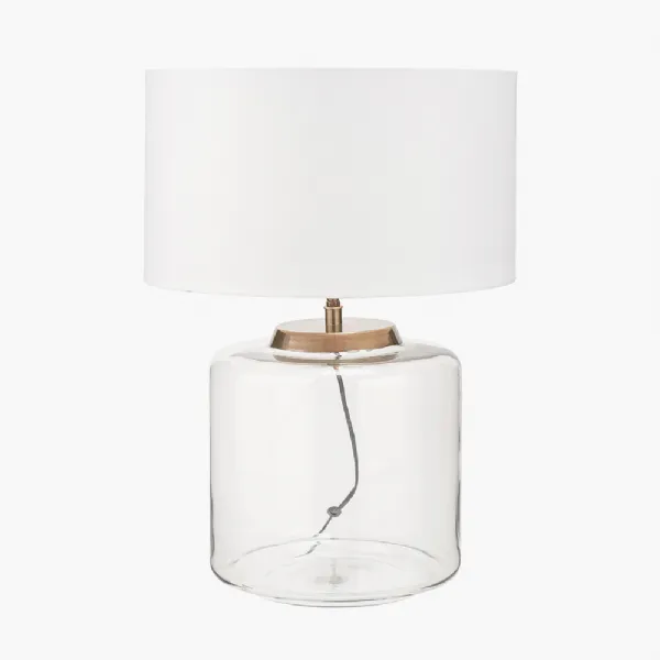 Josie Clear Glass and Antique Brass Metal Large Table Lamp Base with Harry 40cm Ivory Cotton Mix Cylinder Lampshade
