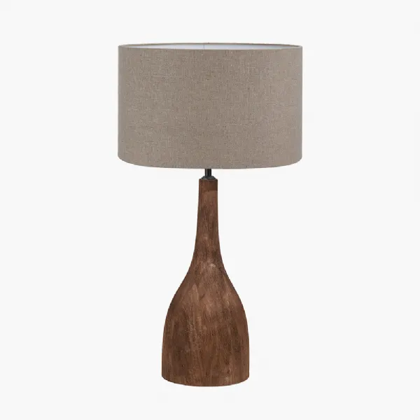 Corella Chocolate Brown Mango Wood Curved Table Lamp Base with Edward 40cm Natural Linen Cylinder Lampshade