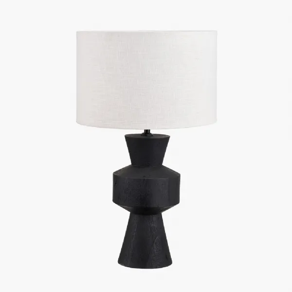 Koa Black Mango Wood Contemporary Table Lamp Base with Lino 35cm White Self Lined Linen Cylinder Lampshade