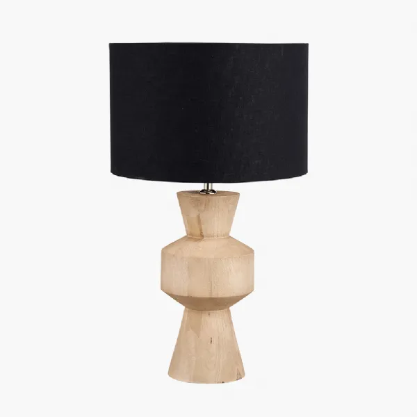 Koa Natural Mango Wood Contemporary Table Lamp Base with Lino 35cm Black Self Lined Linen Cylinder Lampshade
