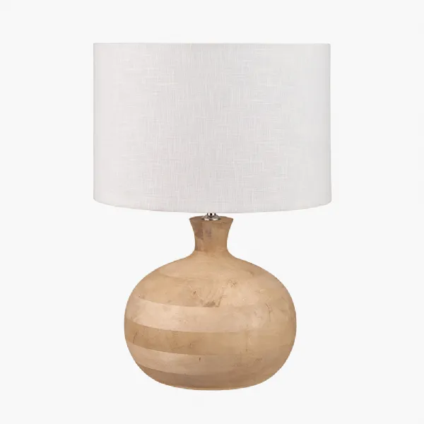 Kiah Natural Mango Wood Round Table Lamp Base with Lino 40cm White Self Lined Linen Cylinder Lampshade