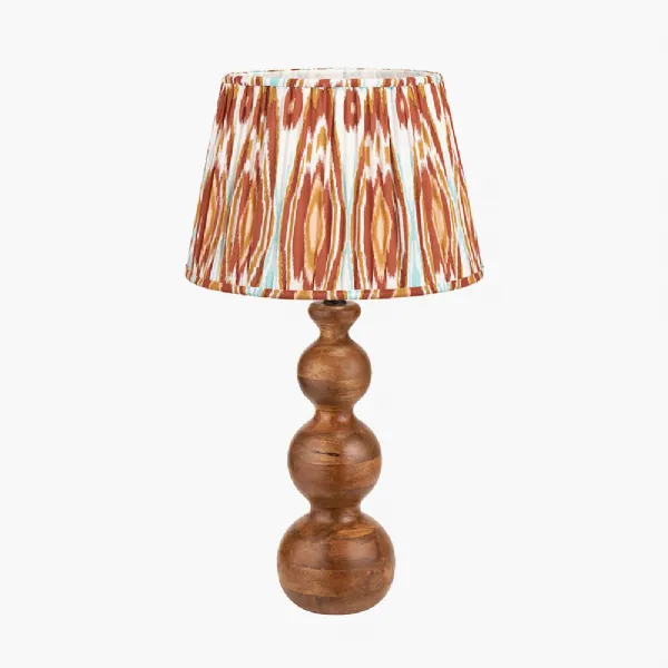 Nyari Brown Oiled Finish Mango Wood 3 Ball Design Table Lamp Base with Izara 40cm Cinnamon Ikat Patterned Mushroom Pleat Tapered Lampshade