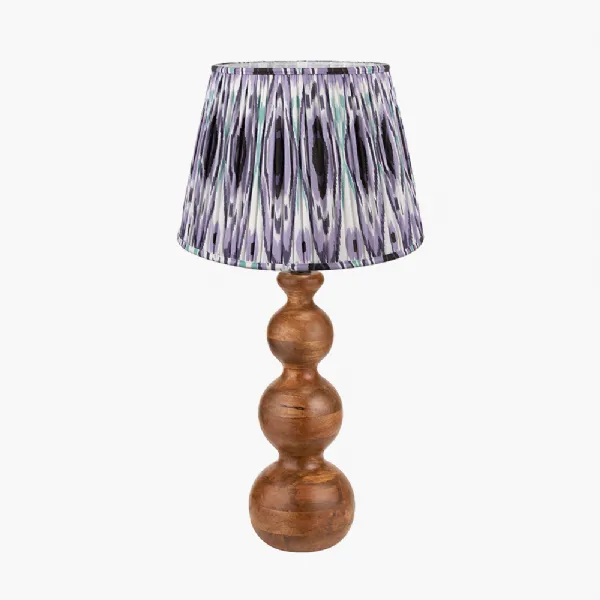 Nyari Brown Oiled Finish Mango Wood 3 Ball Design Table Lamp Base with Izara 40cm Lilac Ikat Patterned Mushroom Pleat Tapered Lampshade