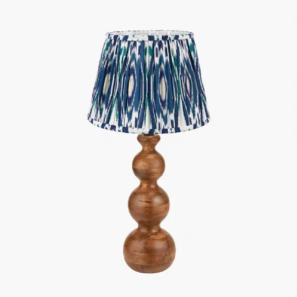 Nyari Brown Oiled Finish Mango Wood 3 Ball Design Table Lamp Base with Izara 40cm Ocean Blue Ikat Patterned Mushroom Pleat Tapered Lampshade
