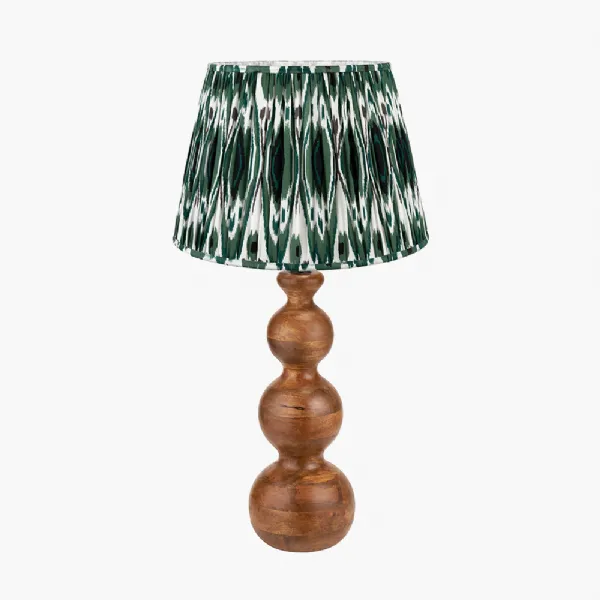 Nyari Brown Oiled Finish Mango Wood 3 Ball Design Table Lamp Base with Izara 40cm Racing Green Ikat Patterned Mushroom Pleat Tapered Lampshade