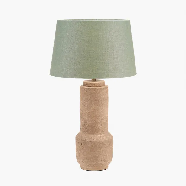 Gaiana Concrete Brown Stoneware Table Lamp Base with Milos 35cm Pistachio Green Linen Tapered Lampshade