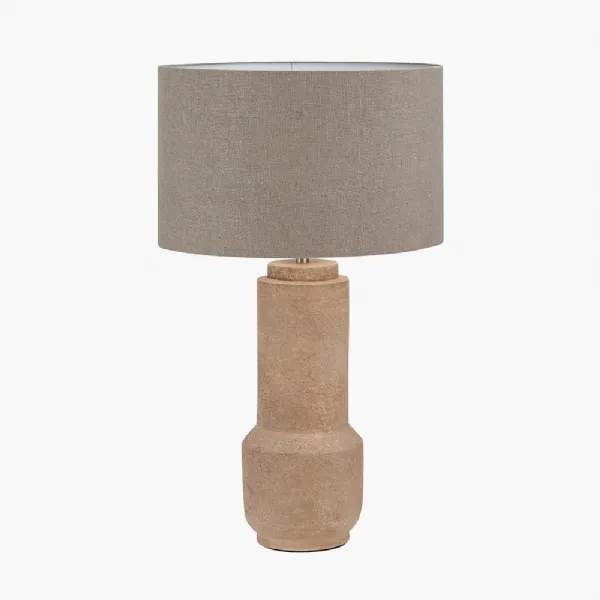 Gaiana Concrete Brown Stoneware Table Lamp Base with Edward 35cm Natural Linen Cylinder Lampshade