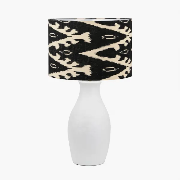 Eirene White Textured Stoneware Table Lamp Base with Lars 40cm Black Ikat Patterned Cylinder Lampshade