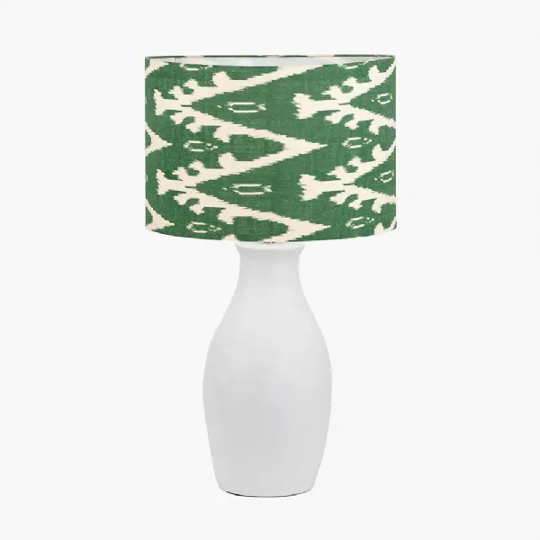 Eirene White Textured Stoneware Table Lamp Base with Lars 40cm Racing Green Ikat Patterned Cylinder Lampshade