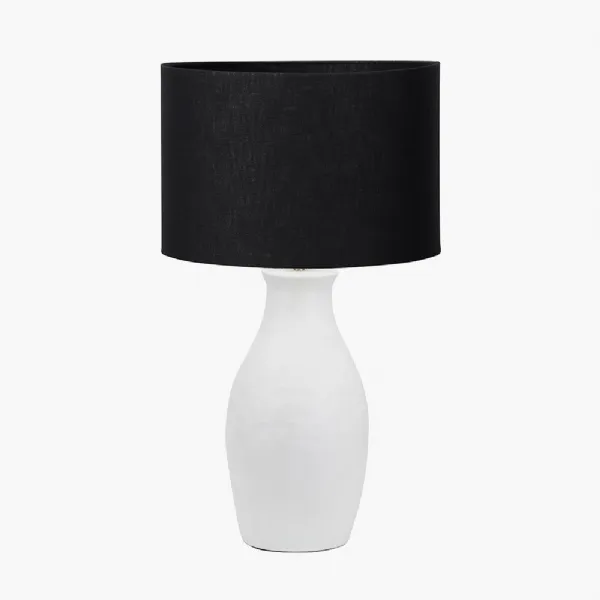 Eirene White Textured Stoneware Table Lamp Base with Lino 40cm Black Self Lined Linen Cylinder Lampshade