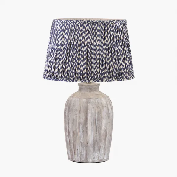 Ambrosia Natural Grooved Stoneware Table Lamp Base with Vienna 35cm Blue Chevron Mushroom Pleat Lampshade