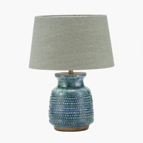 Theano Dot Design Blue Glaze Table Lamp Base with Milos 30cm Pistachio Green Linen Tapered Lampshade