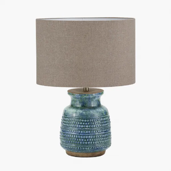 Theano Dot Design Blue Glaze Table Lamp Base with Edward 30cm Natural Linen Cylinder Lampshade