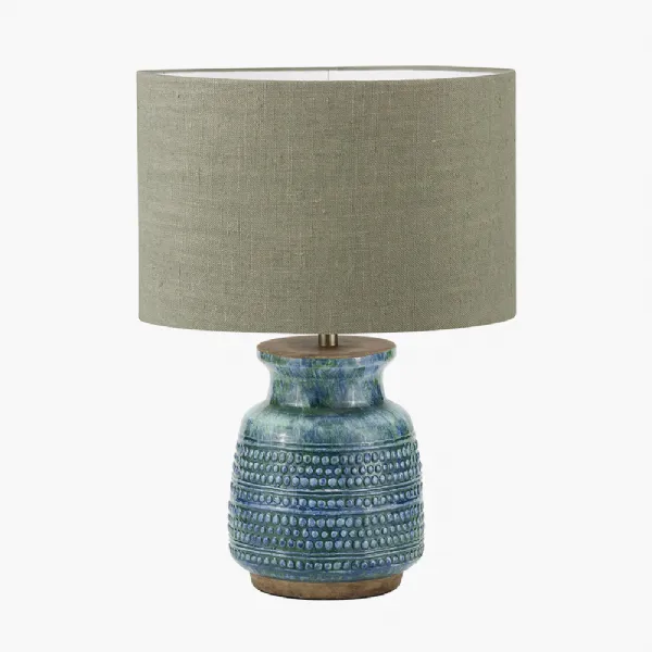 Theano Dot Design Blue Glaze Table Lamp Base with Edward 30cm Pistachio Green Linen Cylinder Lampshade