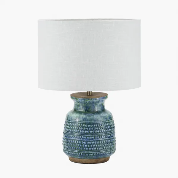 Theano Dot Design Blue Glaze Table Lamp Base with Lino 30cm White Self Lined Linen Cylinder Lampshade