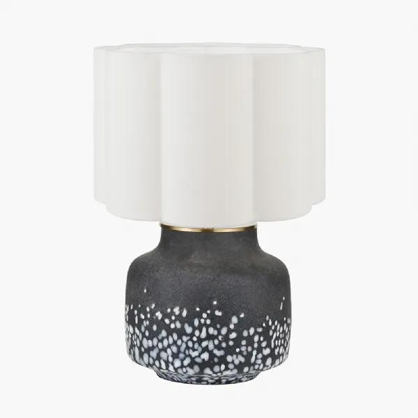 Etna Black and White Glass Table Lamp Base with Bloom 40cm White Handloom Scalloped Cylinder Lampshade