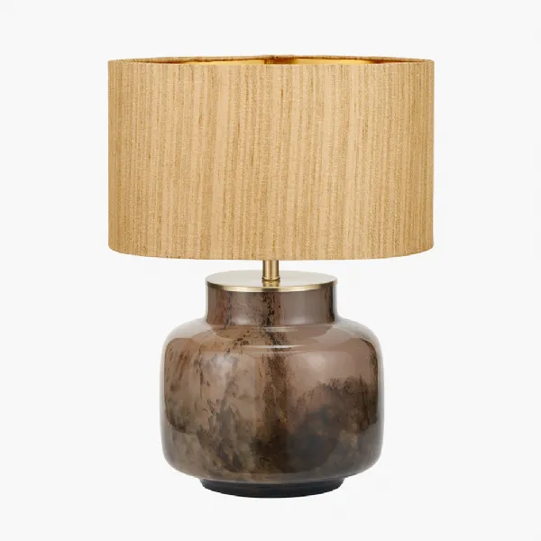 Cerdanya Brown and Beige Glass Table Lamp Base with Stellan 40cm Gold Slubbed Silk Mix Gold Lined Cylinder Lampshade