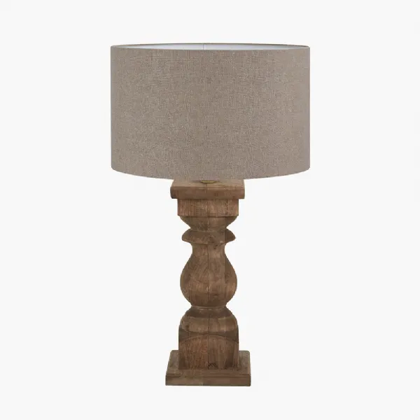 Kavya Antique Brown Turned Wood Table Lamp Base with Edward 45cm Natural Linen Cylinder Lampshade