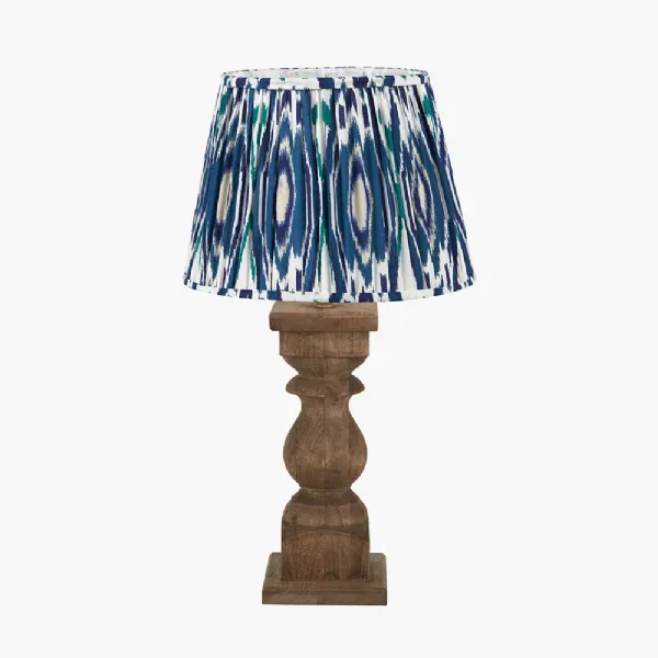 Kavya Antique Brown Turned Wood Table Lamp Base with Izara 45cm Ocean Blue Ikat Patterned Mushroom Pleat Tapered Lampshade