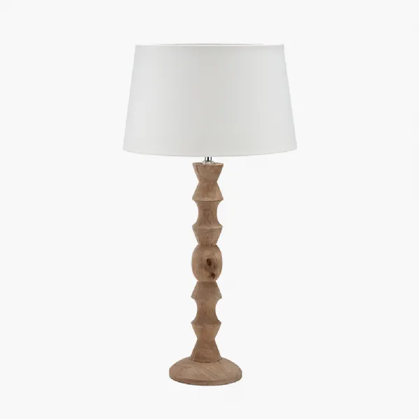 Ayra Natural Modernist Large Turned Wood Table Lamp Base with Winston 40cm White Handloom Tapered Lampshade